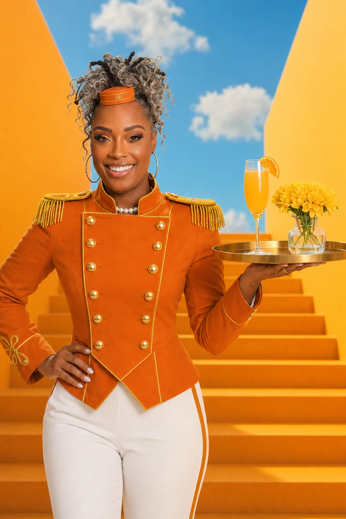 Bee, the Networking Concierge, in an orange bellhop uniform holding a mimosa tray.